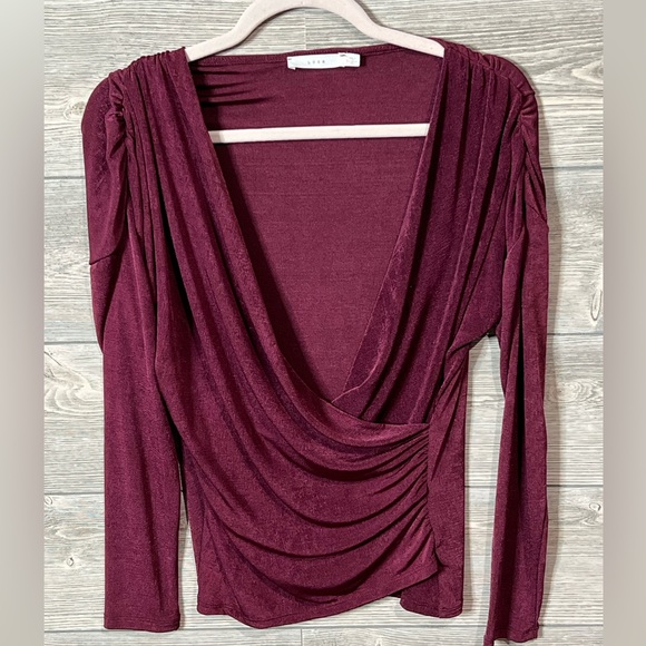 Lush shimmer wine colored faux wrap top size small with ruched detail - Picture 3 of 8